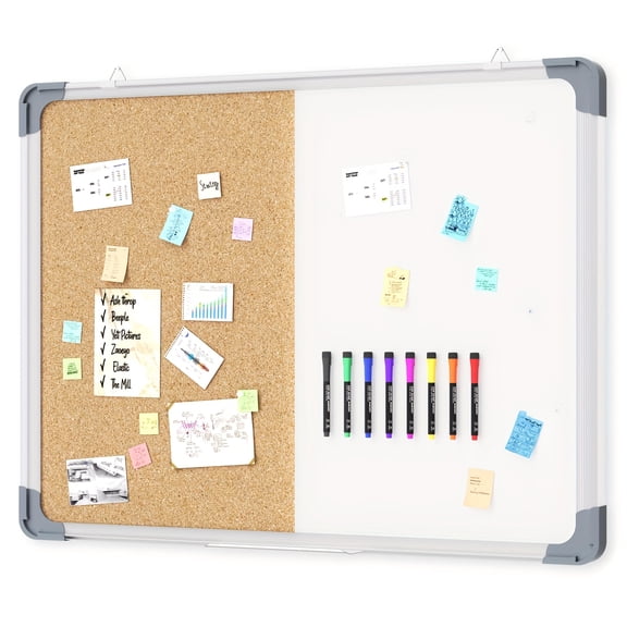 24×18 Inch White Board Cork Board Combo, 2-in-1 Dry Erase Pin Bulletin Vision Board with Markers & Eraser, Wall-Mounted for Office Home School Organization