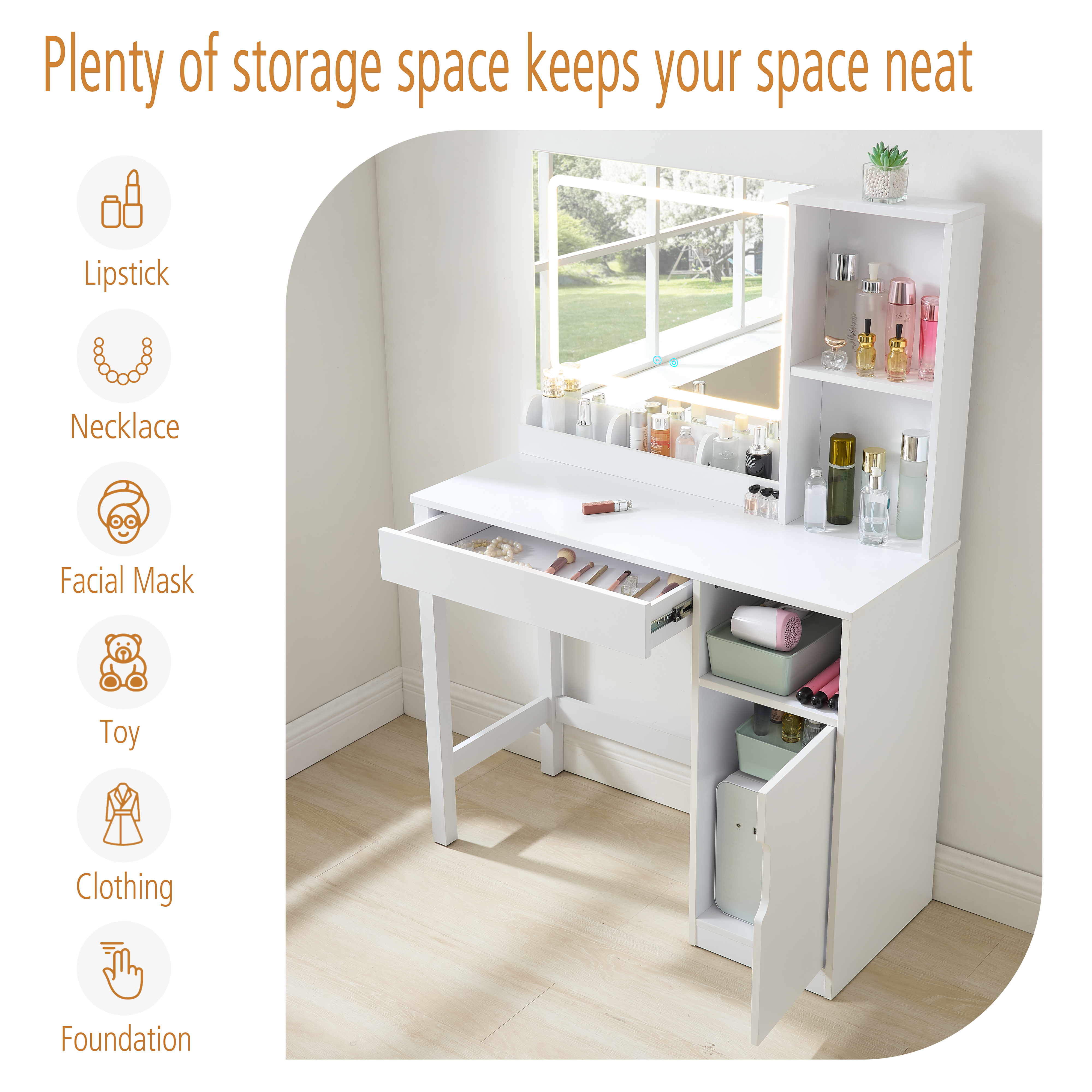 Mainstays White Vanity Table With Lighted Mirror & Storage photo 4