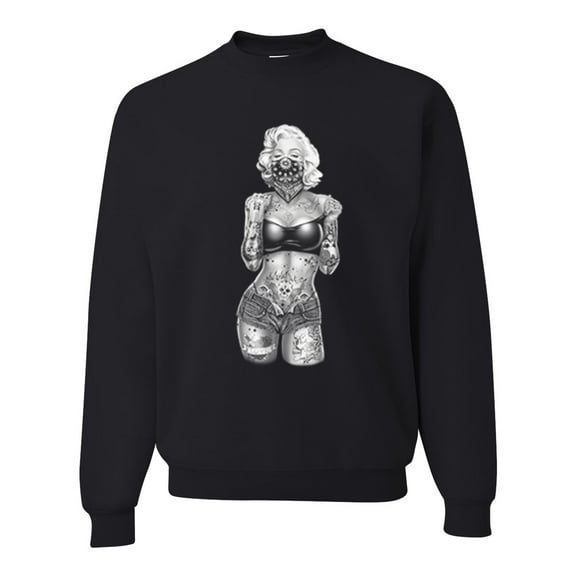 Wild Bobby, Sexy Tattooed Marilyn Monroe Pop Culture Unisex Crewneck Graphic Sweatshirt, Black, Small