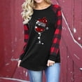 thumbnail image 4 of Sudadera de cuello redondo con mangas a cuadros, estampado de gorro navideño y copa de vino, color negro con puños a cuadros rojos, talla M Camisa festiva de manga larga para mujer, 4 of 6