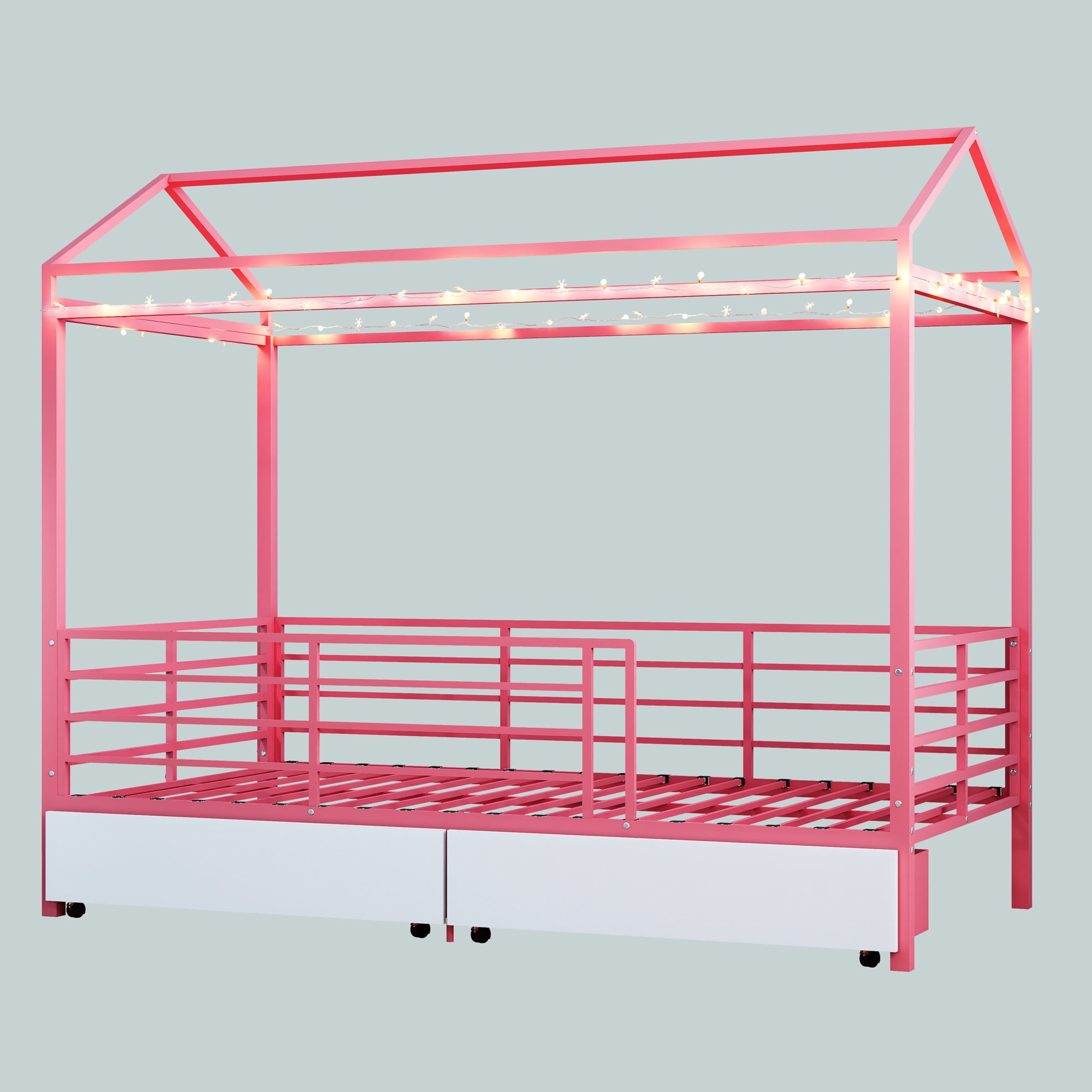 Mintazer Twin Size Metal House Bed with 2 Drawers, Kids Floor Bed with Guardrails for Boys & Girls, Pink