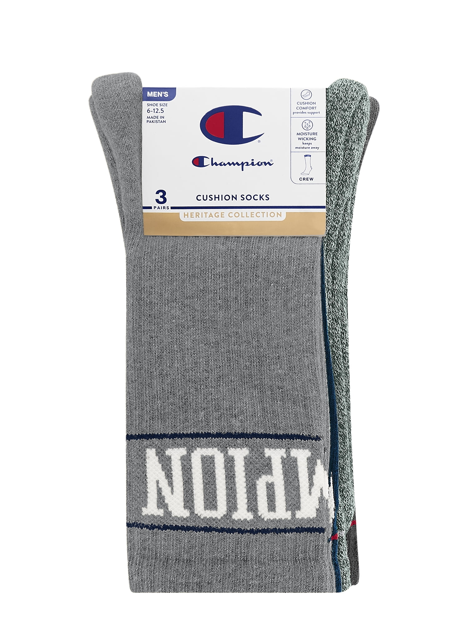 Champion Men’s Crew Socks 3 Pack – Half Terry Cushion, Moisture-Wicking, Arch Support, Stretch Comfort, Sizes 6–12.5