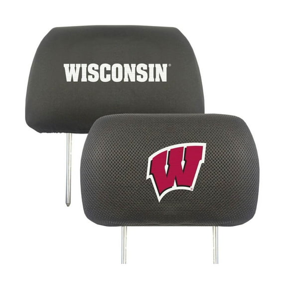University of Wisconsin Badgers Pair of Premium Auto Head Rest Covers, Embroidered, Black Elastic, 14x10 Inch