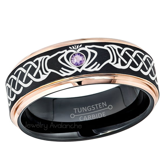 Claddagh Tungsten Ring - 2-Tone Rose Gold And Black Tungsten Carbide Wedding Band - 0.07ct Amethyst Tungsten Ring - Personalized Tungsten Wedding Ring - Custom Made February Birthstone Ring TN779CLDs7