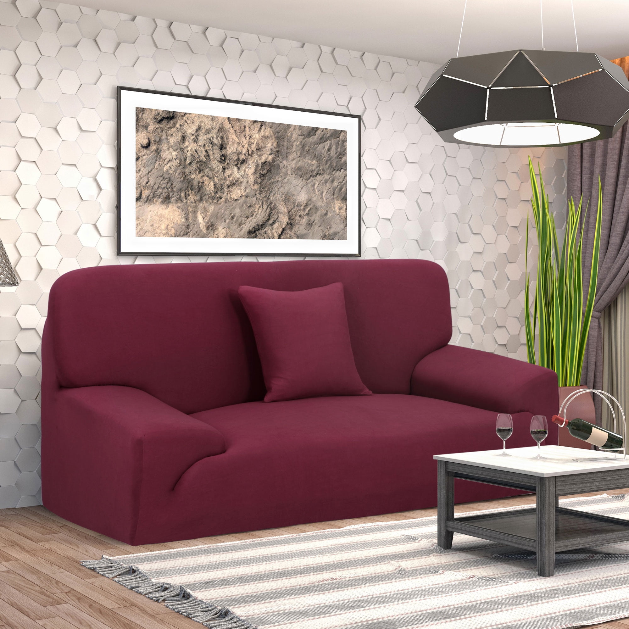 PiccoCasa Thick Stretch Sofa Cover 2 Seater Solid Couch Cover, Burgundy