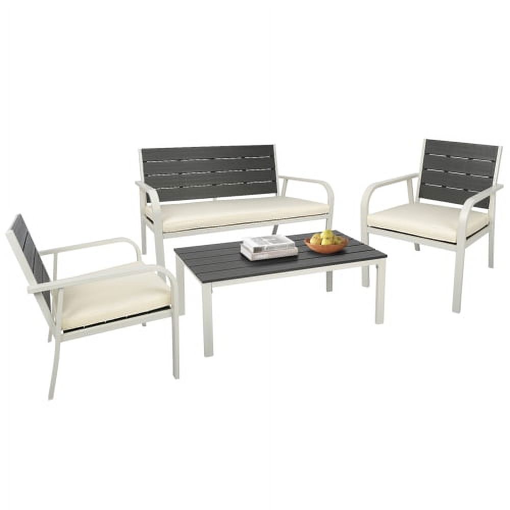 Patio Conversation Set, 4 Pieces Garden Wood Grain Design PE Steel Frame Sofa Loveseat, All Weather Outdoor Furniture Set with Cushions Coffee Table for Backyard Balcony Lawn - image 3 of 11