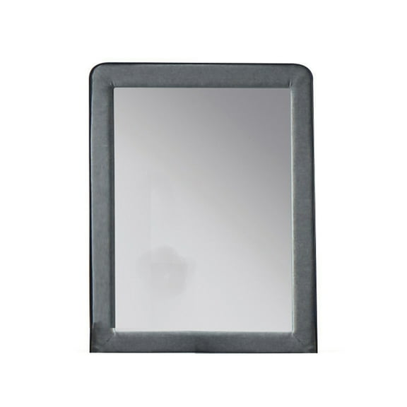 Benjara Fabric Upholstered Wooden Frame Mirror with Welt Trim, Light Gray