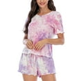 thumbnail image 6 of Ladies Short Sleeve Cotton Pyjama Set Womens Tie Dye Print Nightwear PJ Set Girls Shorts Lounge Cotton Elasticated Waist Size Spring Summer Beach, 6 of 8