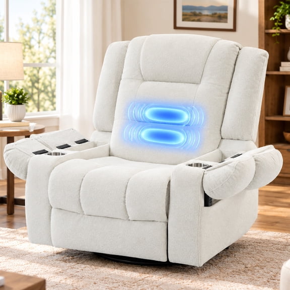 Power Swivel Glider Rocking Chair with Airbags Massage & Heat, Power Recliner Chair with USB and Type C Port Charger, Armrest Storage, Cup Holder for living room, Nursery