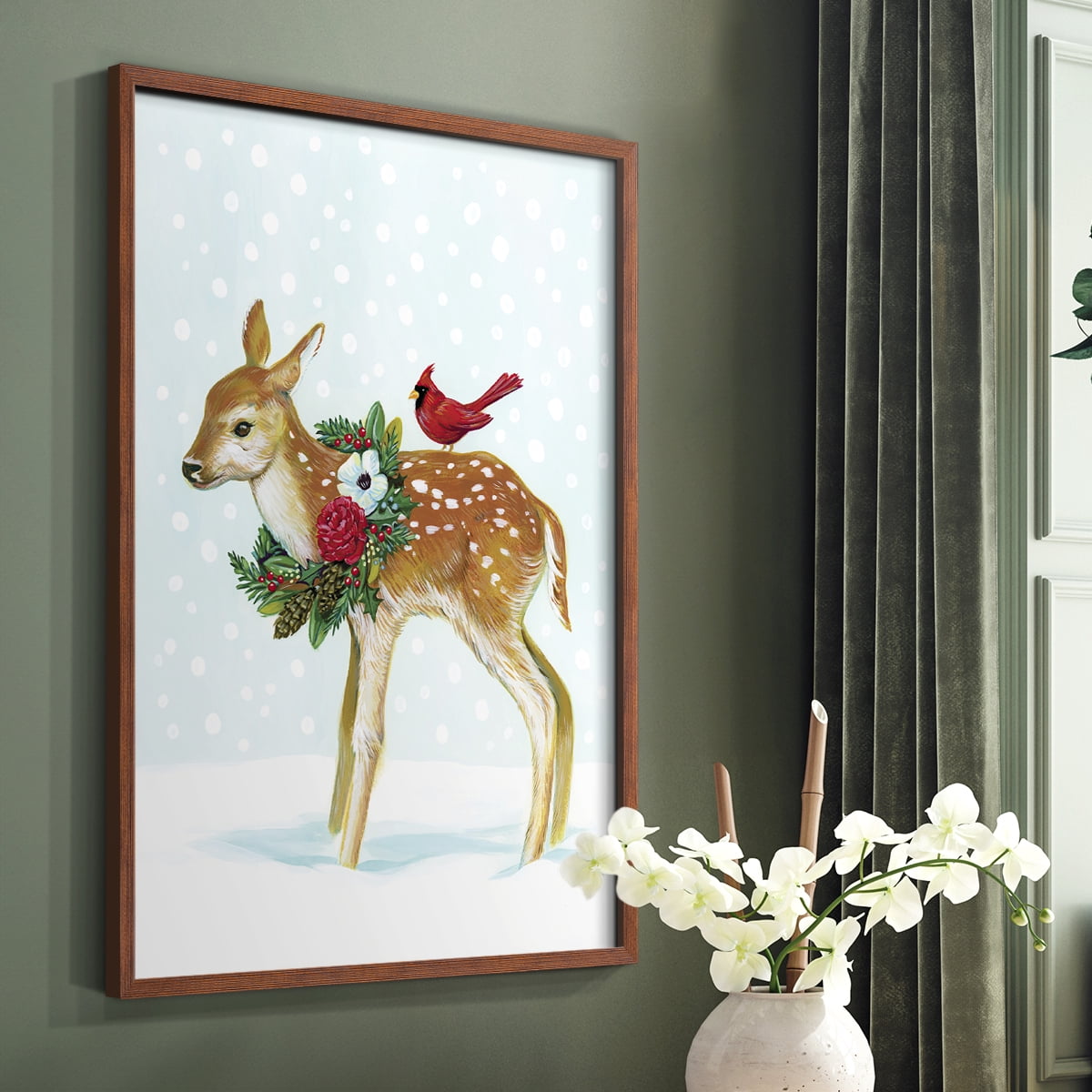 Winter Woodland Creatures with Cardinals II Framed Print - Solid Wood in Single Picture Frame Solid Wood 2 Framed Print