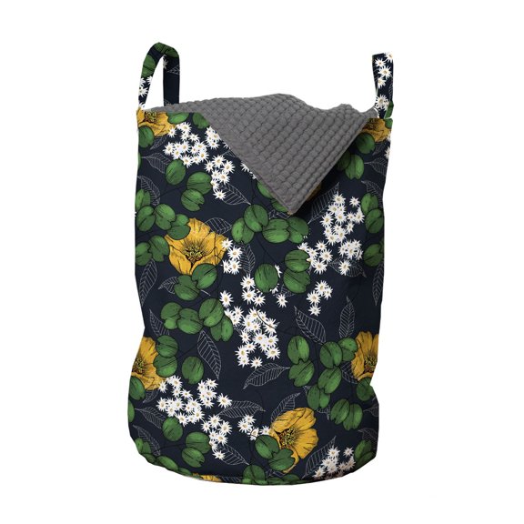 Floral Laundry Bag, Nature Pattern with Leaves Daisy and Poppies, Hamper Basket with Handles Drawstring Closure for Laundromats, 13" x 19", Charcoal Grey Multicolor, by Ambesonne