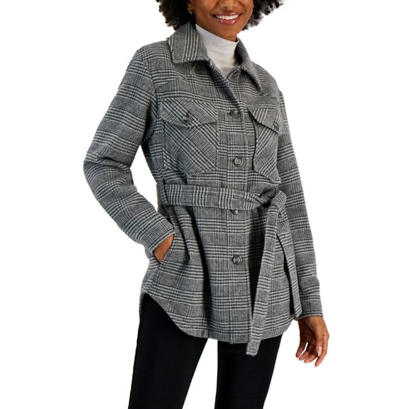 CoffeeShop Juniors' Belted Shirt Jacket,  Grey Plaid size M