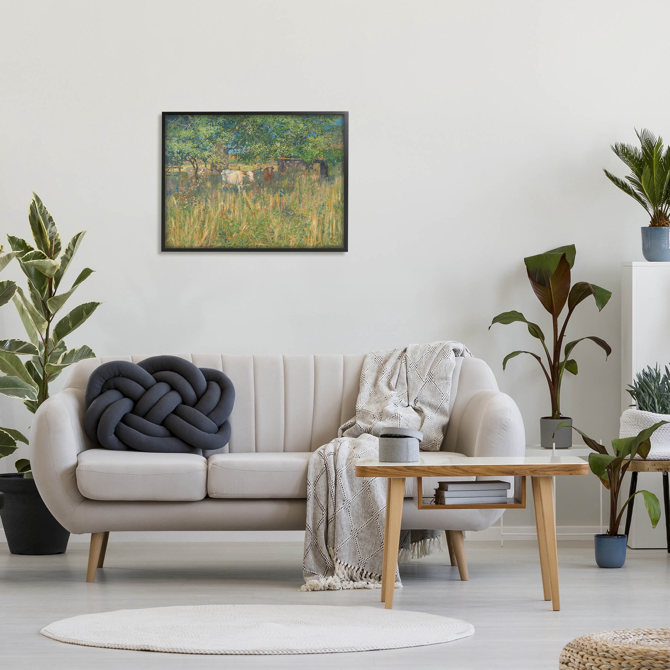 Cattle Grazing Grassland Pasture Landscape Painting Black Framed Art Print Wall Art