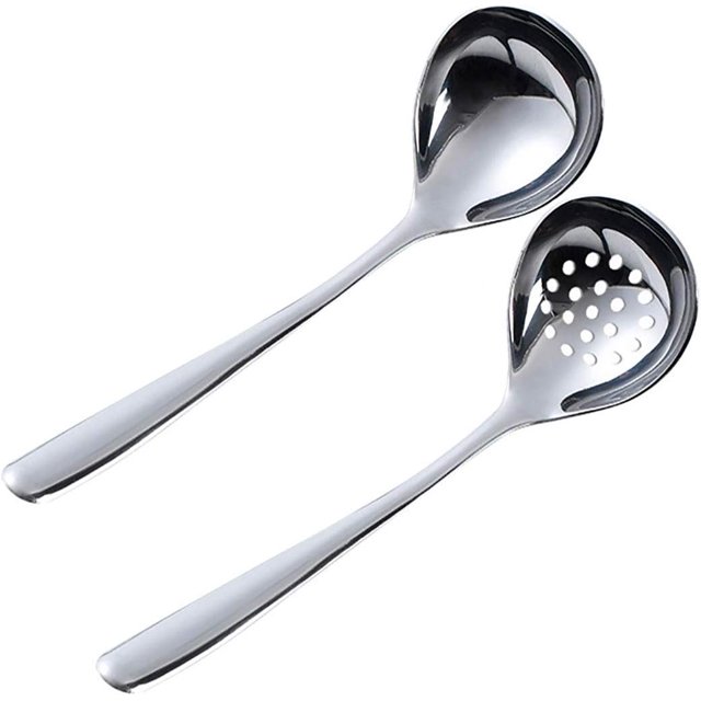 Juego de 2 cucharas ranuradas y cucharón de sopa, juego de cucharón de sopa de acero inoxidable de 7,8 pulgadas, utensilio de cocina para el hogar