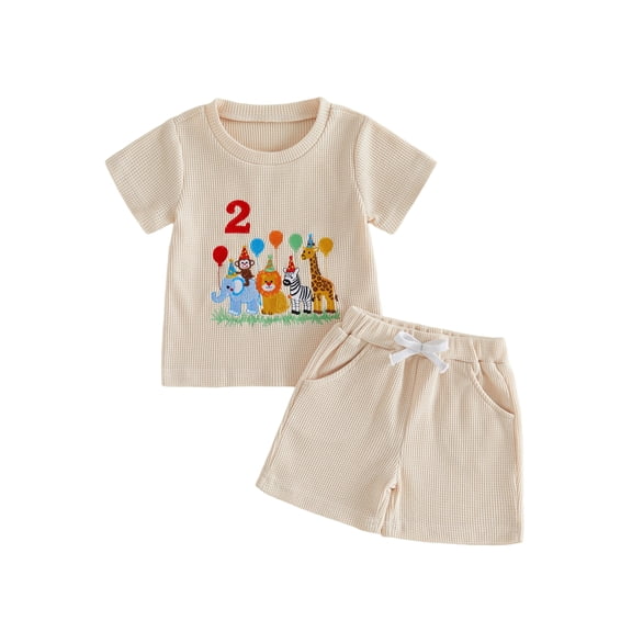 BemeyourBBs Toddler Baby Boy Birthday Outfit 1 2 3 Years Birthday Summer Clothes Short Sleeve Zoo Animal Embroidery Waffled T-Shirt and Pockets Shorts Set Toddler Summer 2 Pieces Outfit