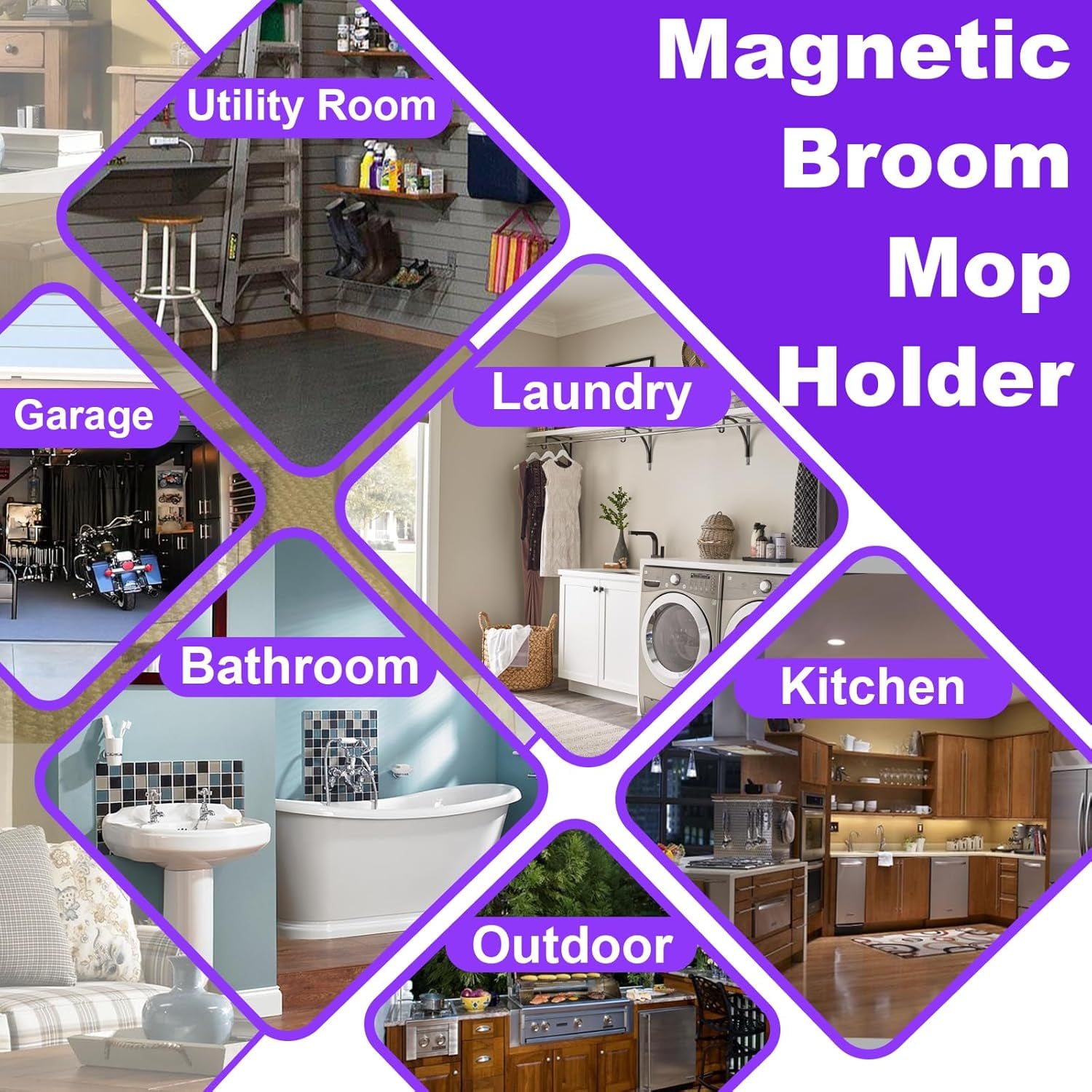 Magnetic Mop Broom Holder, Heavy Duty Magnetic Mop Hanger with Swivel Hooks for Cleaning Tools, Strong Magnet Mount Tool Hanger Organize System Utility Rack for Refrigerators Laundry Garage