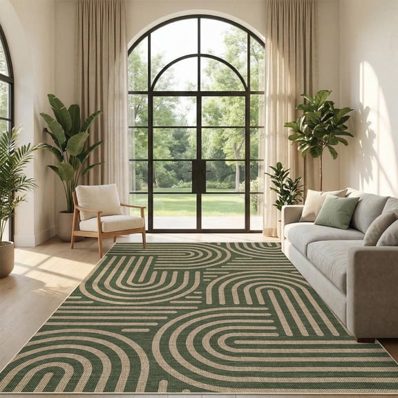 GlowSol Abstract Easy Jute Washable 8x10 Area Rugs for Living Room Green Large Dining Room Rug, Stain Resistant Non Slip Farmhouse Carpet for Bedroom Office