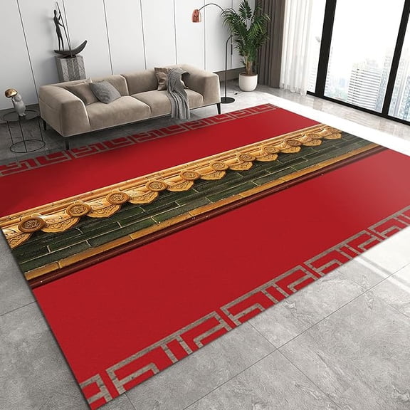 Chinese Style City Area Rug, Simple Red Non Slip Noise Reduction Kids Rugs, Machine Washable Durable Carpet for Indoor Bedroom Living Room Office Decor Rug 4 x 5ft
