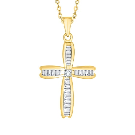 KATARINA 14K Yellow Gold 7/8 Ct. Round and Baguette Cut Diamond Cross Pendant Necklace