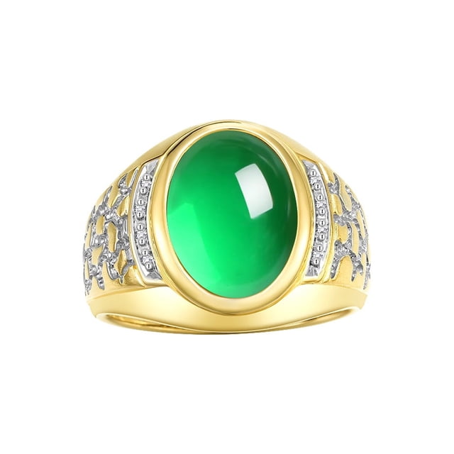 RYLOS Men's Rings 14K Yellow Gold Nugget Ring with Cabochon Gemstone & Diamonds Emerald Rings For Men Size 13
