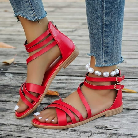 

Wavsuf Flat Sandals for Women Wide Beach Casual Summer Red Sandals Shoes Size 9