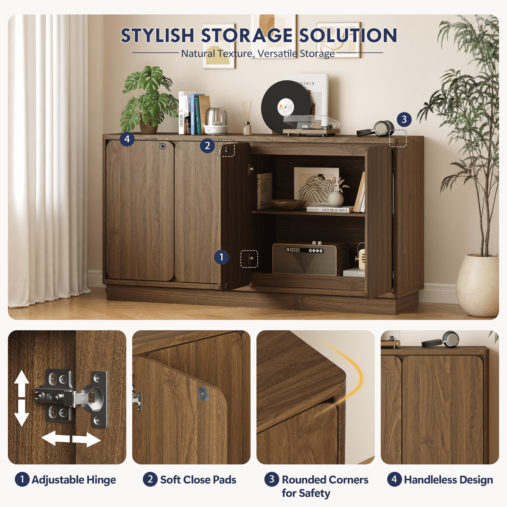 Mintazer 59.1"W Sideboard Buffet Cabinet with Adjustable Shelves, 4 Door Storage Credenza Cabinet for Dining Room Kitchen Living Room, Entryway, Walnut