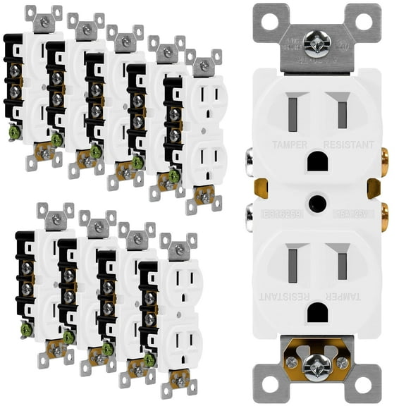 ENERLITES Duplex Receptacle Outlet, Tamper-Resistant, Residential Grade, 3-Wire, Self-Grounding, 2-Pole,15A 125V, UL Listed, 61580-TR-W-10PCS, White (10 Pack)