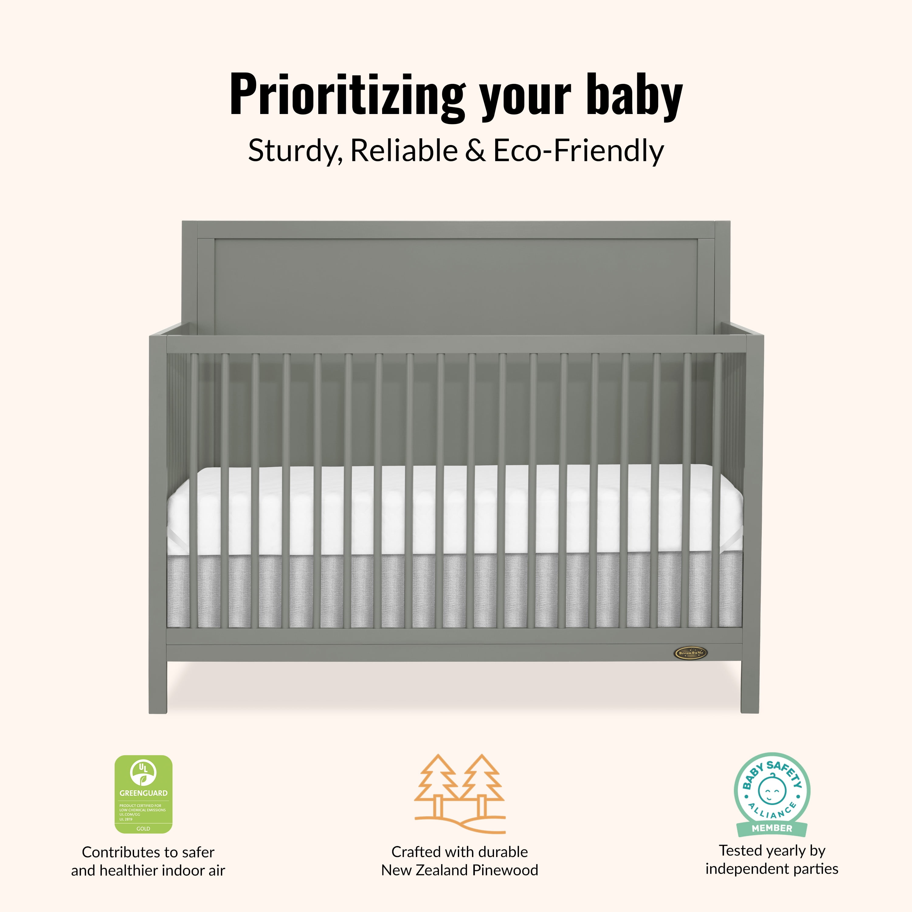 Dream On Me Dillian 5-in-1 Convertible Crib, JPMA & Greenguard Gold Certified, Crafted with New Zealand Pinewood, Seagrass