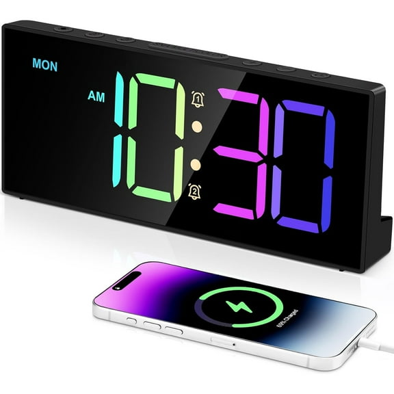 Loud Alarm Clock for Heavy Sleepers, Digital Clocks with Adjustable Volume Brightness,Snooze,Battery Backup, Large Numbers Display RGB Colorful Changing Clock for Bedrooms,Offce Living Rooms