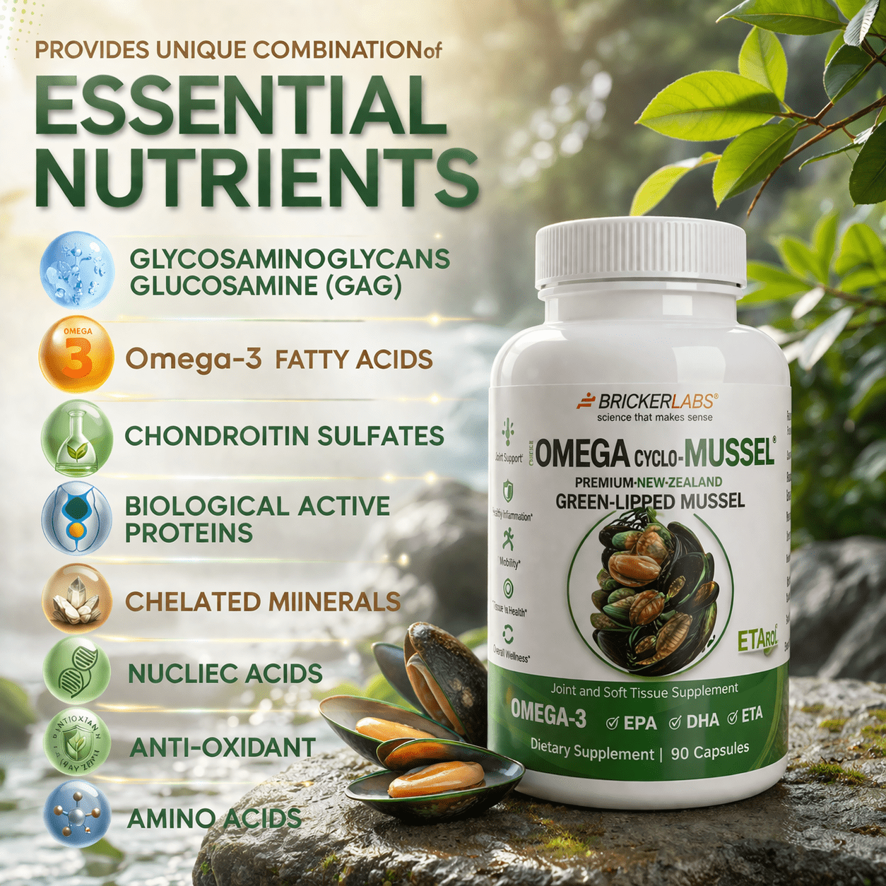 Bricker Labs Omega Cyclo - Mussel Joint Health Supplement, Premium New Zealand Green Lipped Mussel, Full Spectrum Omega Joint Supplements for Joint Health and Comfort, 90 Capsules