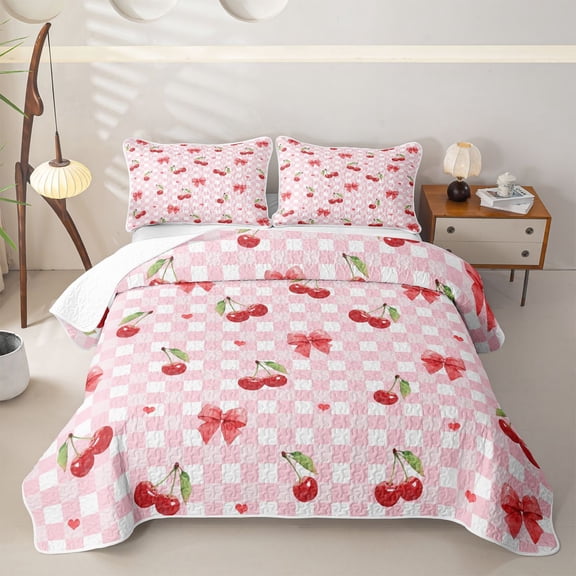 Erosebridal Watercolor Cherry Bow-tie Twin Quilt Set for Girls Women, Pink Checkered Gird Twin Coverlet Set, 2 Pieces