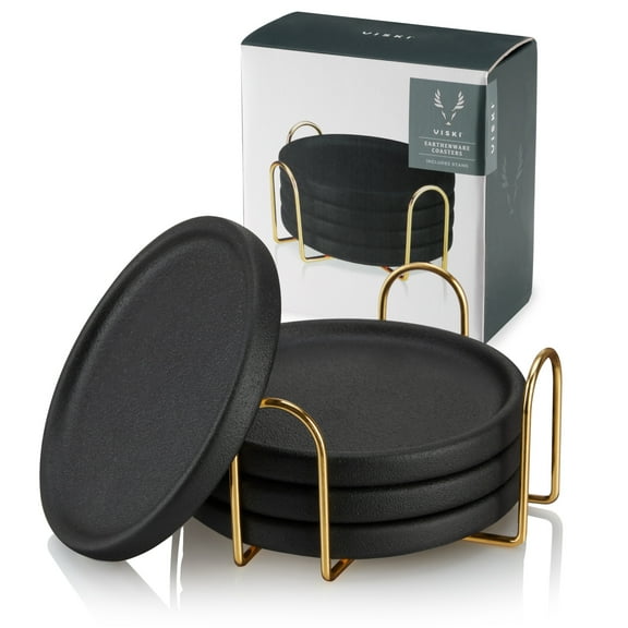 Viski Earthenware Coasters with Stand for Drinks, Cocktails, Soda, Set of 4