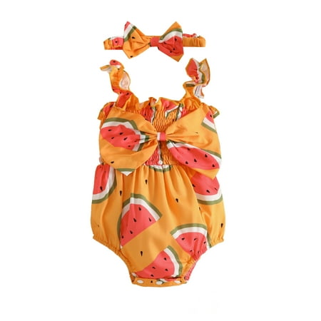 

Baby Girl Ruffle Romper Watermelon Print Sleeveless Ruched Jumpsuit One Piece Halter Bodysuit Headbands Set