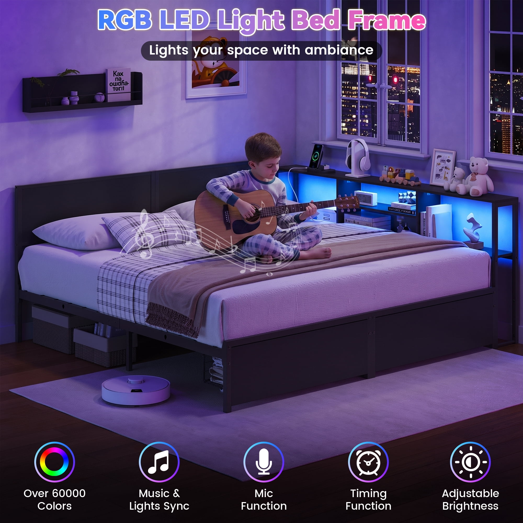 Miniyam King Size Bed Frame with Storage, 2-in-1 Convertible Twin Beds, LED & Charging Station, Gray
