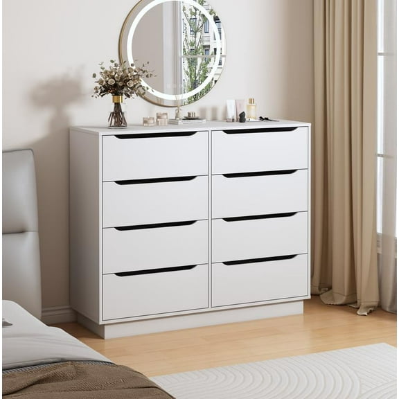8 Drawers White Dresser for Bedroom, Modern Wood Chest of Drawers 8 Drawer Dresser with Groove Handles, for Living Room, Closet, Hallway, Entryway