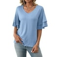 thumbnail image 2 of Womens V-Neck Tops Dressy Double Layer Bell Sleeve 3/4 Length Ruffle Sleeve T Shirts S, 2 of 8