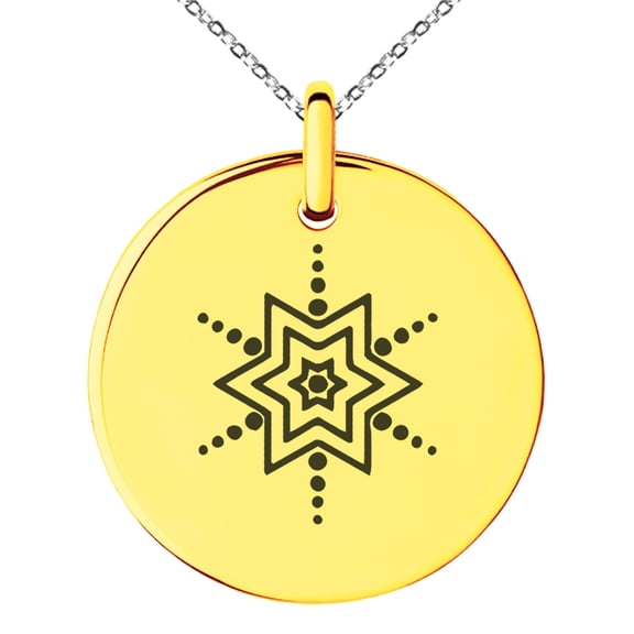 Rose Gold Stainless Steel Radiant Star Snowflake Engraved Small Medallion Circle Charm Pendant Necklace