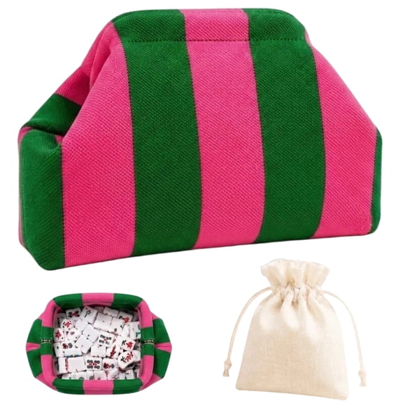 Large Capacity Striped Mahjong Tile Bag with Dice Pouch, Woven Crossbody Mahjong Organizer, Portable Mahjong Accessories Storage Bag for Women Game Night Gift, Pink Green