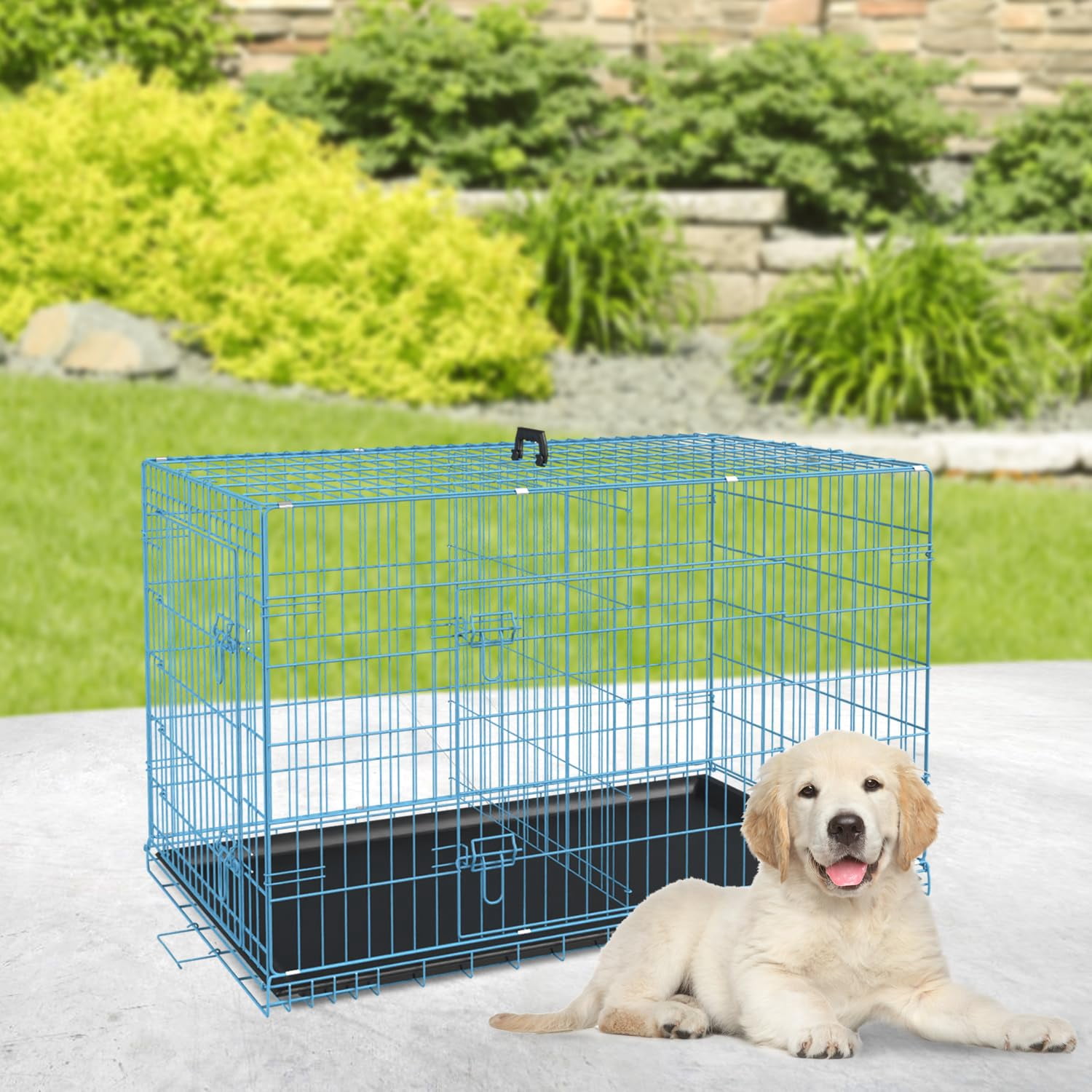XF XINFENG 24 Inch Dog Crates for small dogs Folding Metal Kennel with Double Doors Leakproof Tray Portable Dog Cage for Travel, Indoor & Outdoor Use Blue