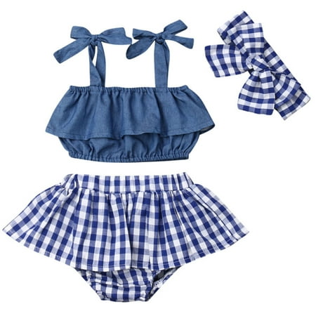 

Styles I Love Infant Baby Girl Denim Ruffle Top and Checkered Skirt with Headband 3pcs Cotton Outfit (90/6-12 Months)