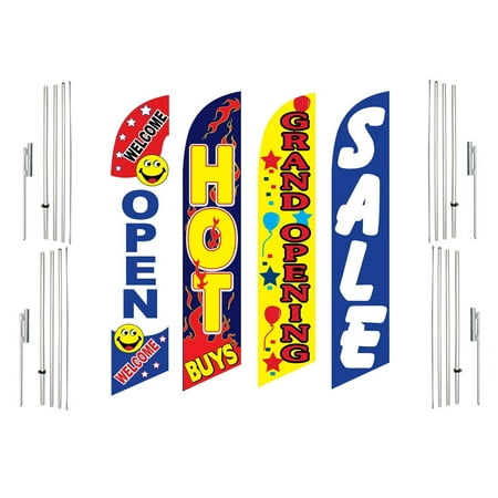 4 Swooper Flags With 4 Pole Kits Welcome Open Hot Buys Grand Opening Sale