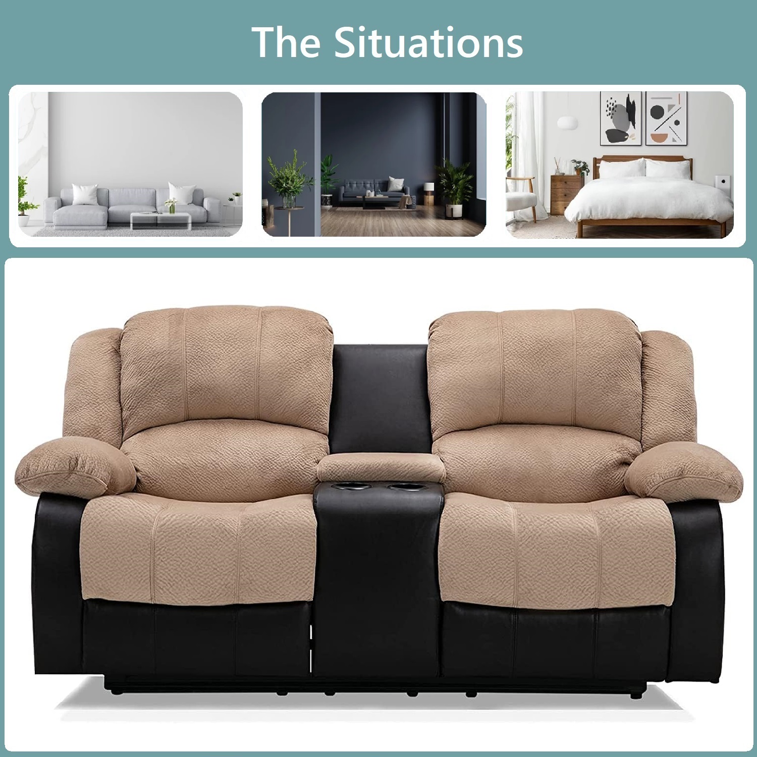 Nathaniel Home Manual Reclining Sofa, PU Leather Upholstered Double Recliner Loveseat, 2-Seater Home Theater Seating with Console, Arm Sofa Recline Chair for Living Room, Beige