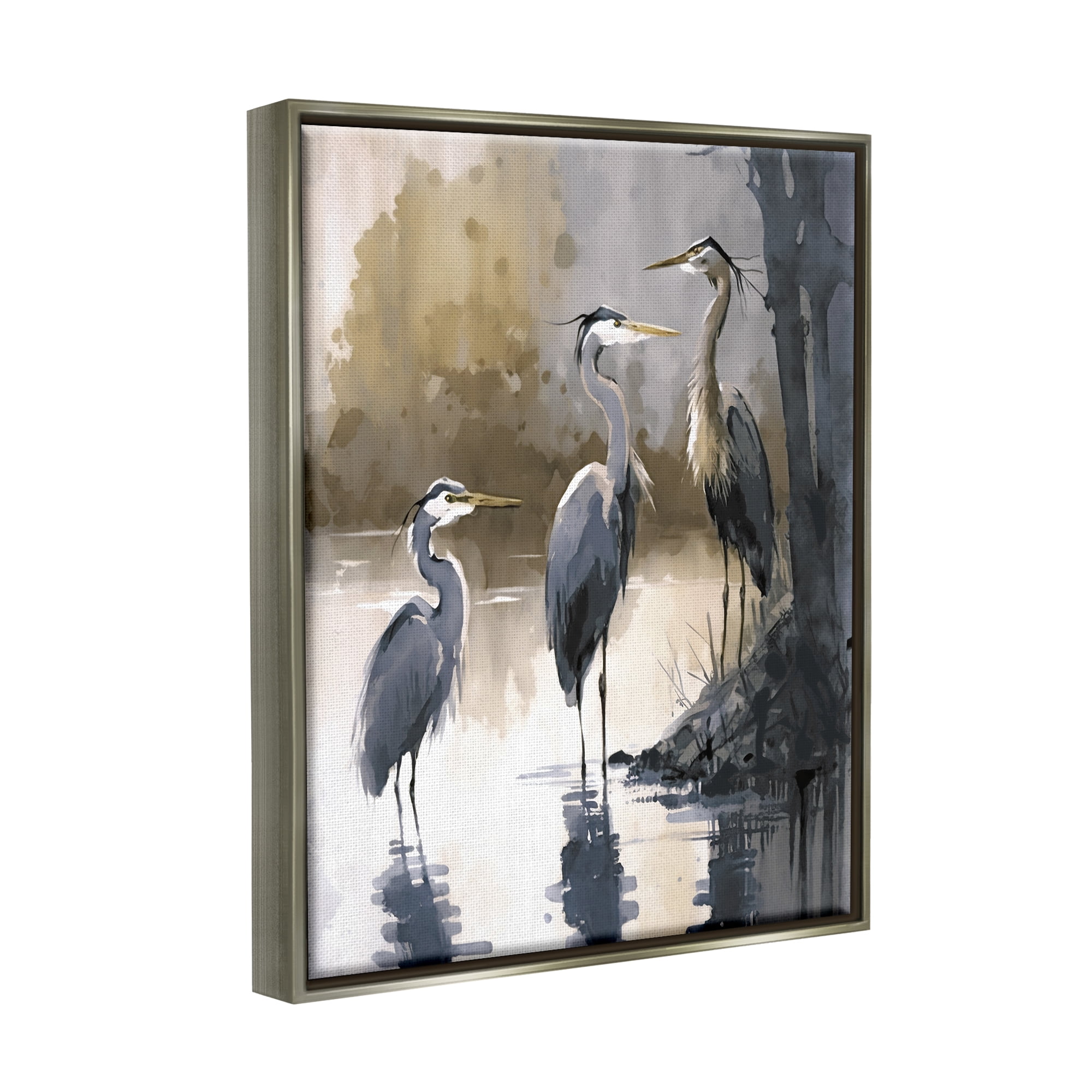 Stupell Industries Lake View Herons Animals & Insects Painting Gray Floater Framed Canvas Art Print Wall Art, 17 x 21