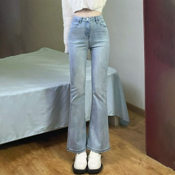 Aobny Denim Jeans for Women Blue Cute Jeans Ankle Girlfriend High Waisted Slim Flare-Leg Office Pants for Women,L