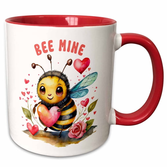 3drose, Cute Bee Mine Valentine Bee Illustration, 11oz Two-tone Red Mug