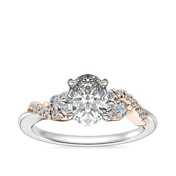 0.70 Ct Stunning Double Tone Solitaire with Accents Oval Cut Natural Diamond Ring for Engagement Solid 14K White Gold Size 7