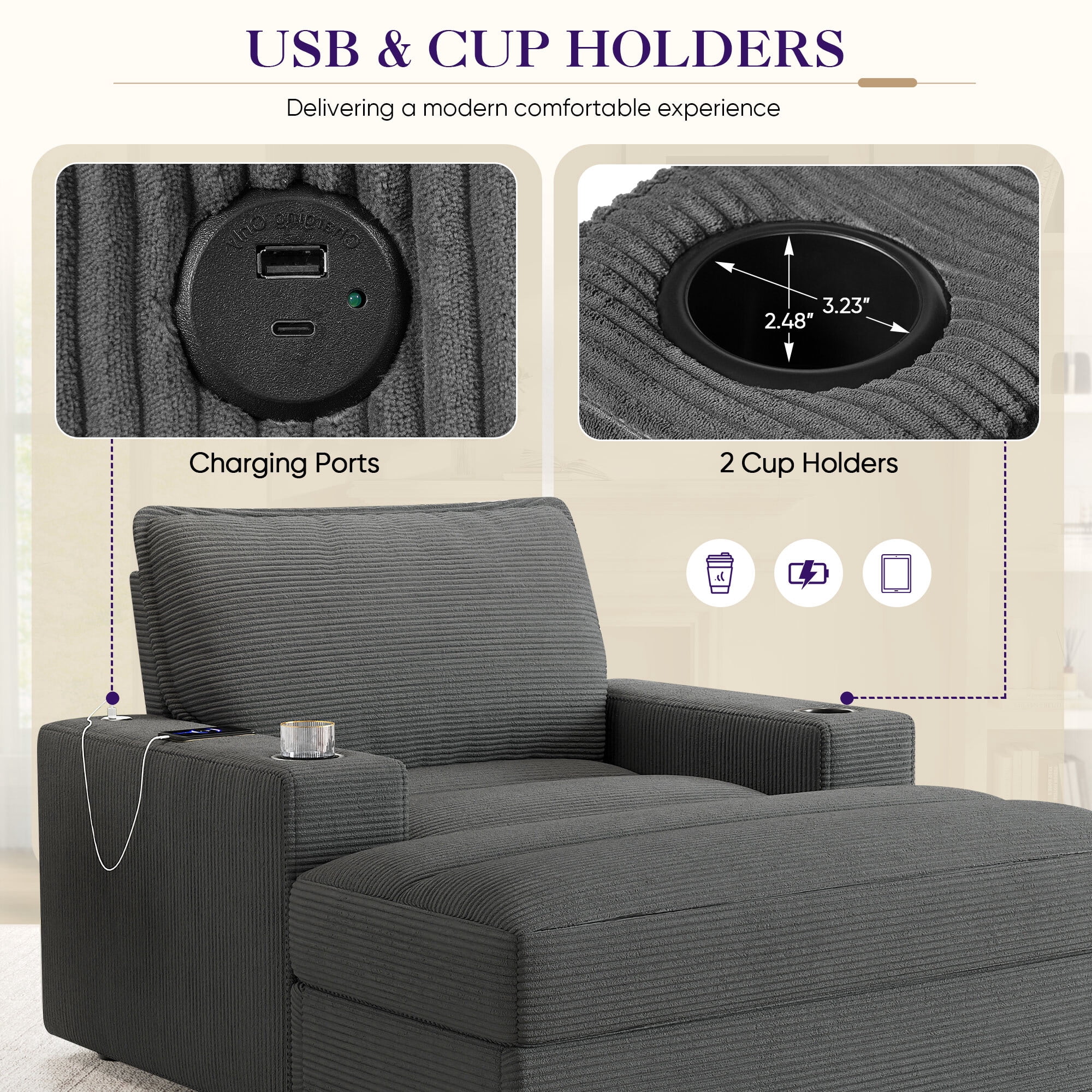 Lunale 42.8" Accent Chair with Ottoman, Indoor Chaise Lounge Chair with USB & Storage, Plush Reading Sofa Armchair for Living Room, Bedroom, Apt, Gray Corduroy