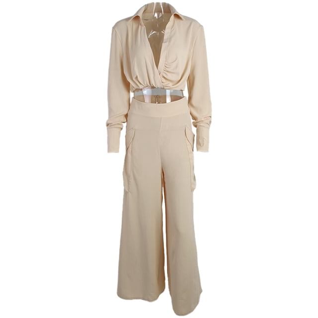 Mono elegante de manga larga para mujer, sexy, con cuello en V, informal, pantalones largos de pierna ancha Adepaton BST3003118-5