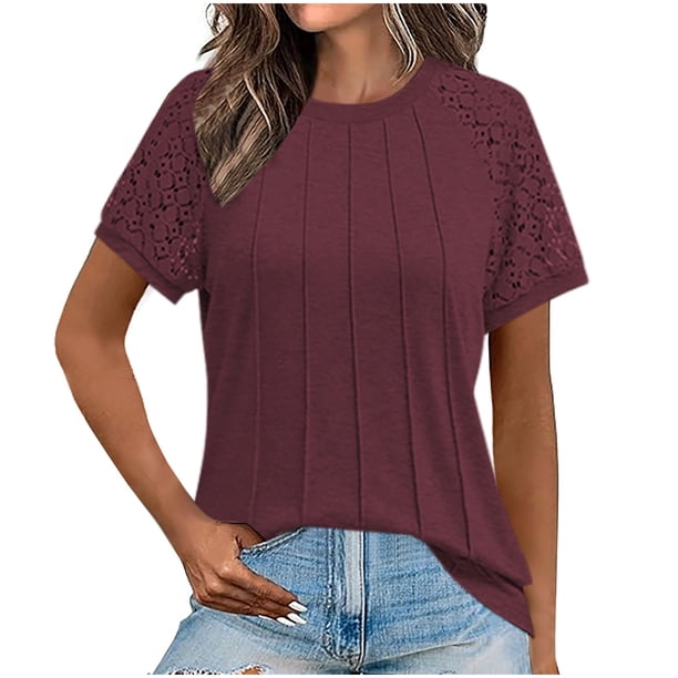 Pantalones Cortos para Mujeres Sexy Casual Suelto Cuello Redondo Encaje Patchwork Top, Plisado Pecho Manga Corta Blusa para el Uso Diario, Fiesta Y Fecha