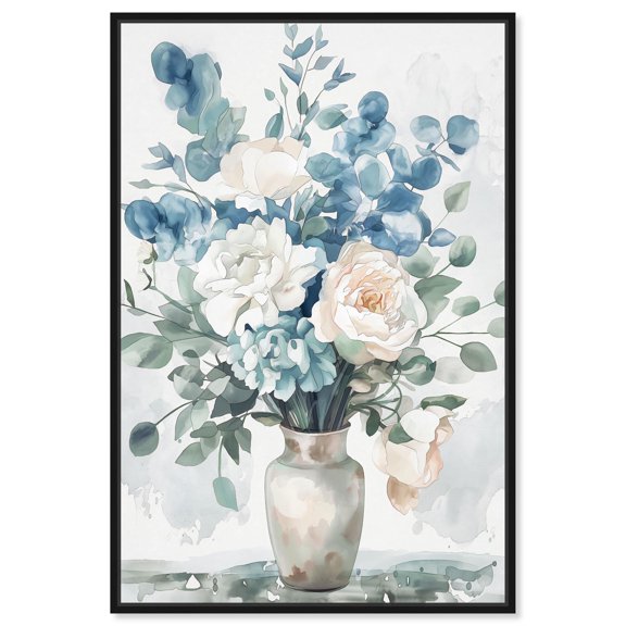 Heavenly White and Blue Canvas Farmhouse Floral Art by Art Remedy, Black Frame, 10" x 15"